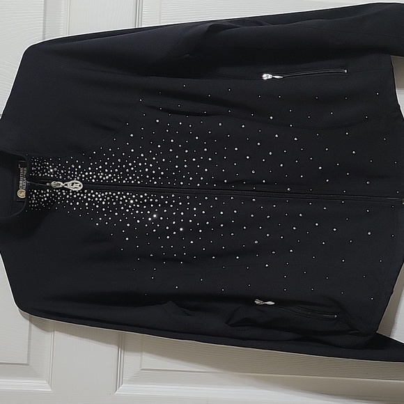 Christine Alexander Swarovski Embellished Black Jacket XL Rhinestone Zip Front - Picture 2 of 9